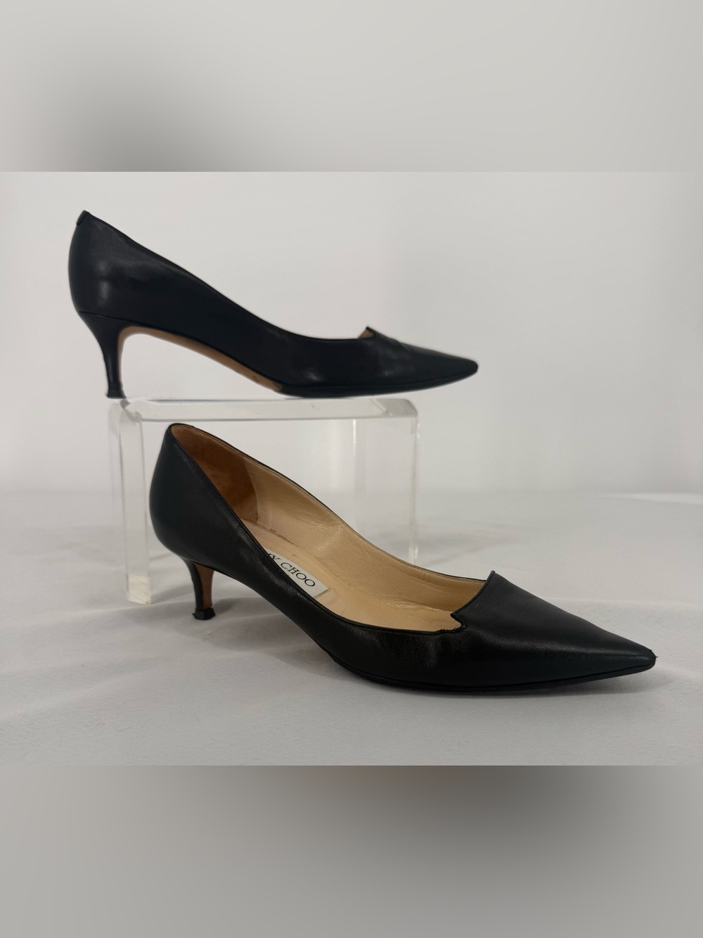 Jimmy Choo Black Leather Pointed-Toe Low Heel Pumps Size 7.5  EU Size 37 1/2